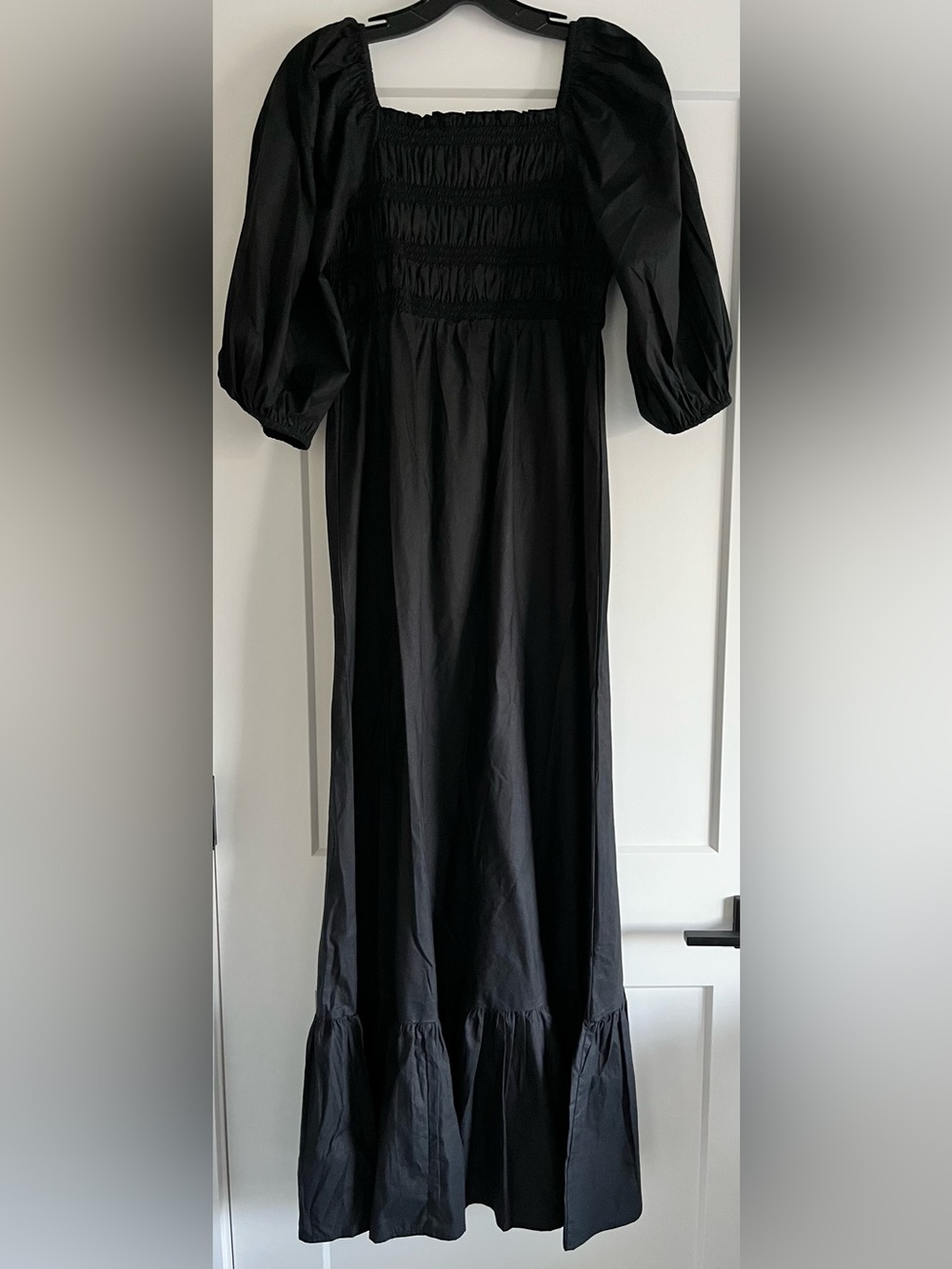 Black Maxi Dress with smocked bodice and elbow length puff Sleeves